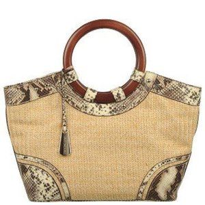 NATURALIZER Snakeskin Print Tan Woven Boho Wooden Handle Straw Purse Bag NWT